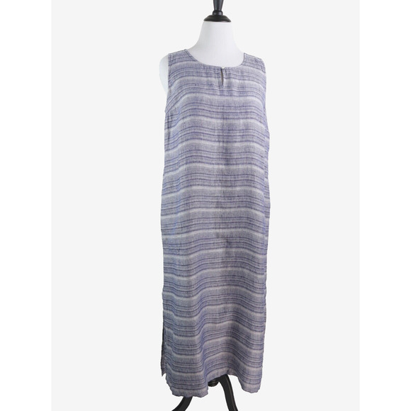 Pure J Jill Size L Woven Stripe Linen Maxi Dress Keyhole Neck Blue - Picture 2 of 10